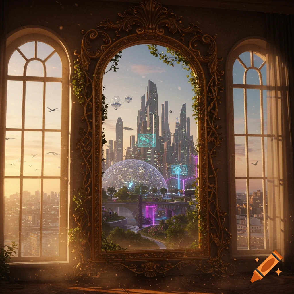 An ornate golden mirror in an old-world room reflects a vibrant futuristic cityscape with tall skyscrapers and flying vehicles under a sunset sky.