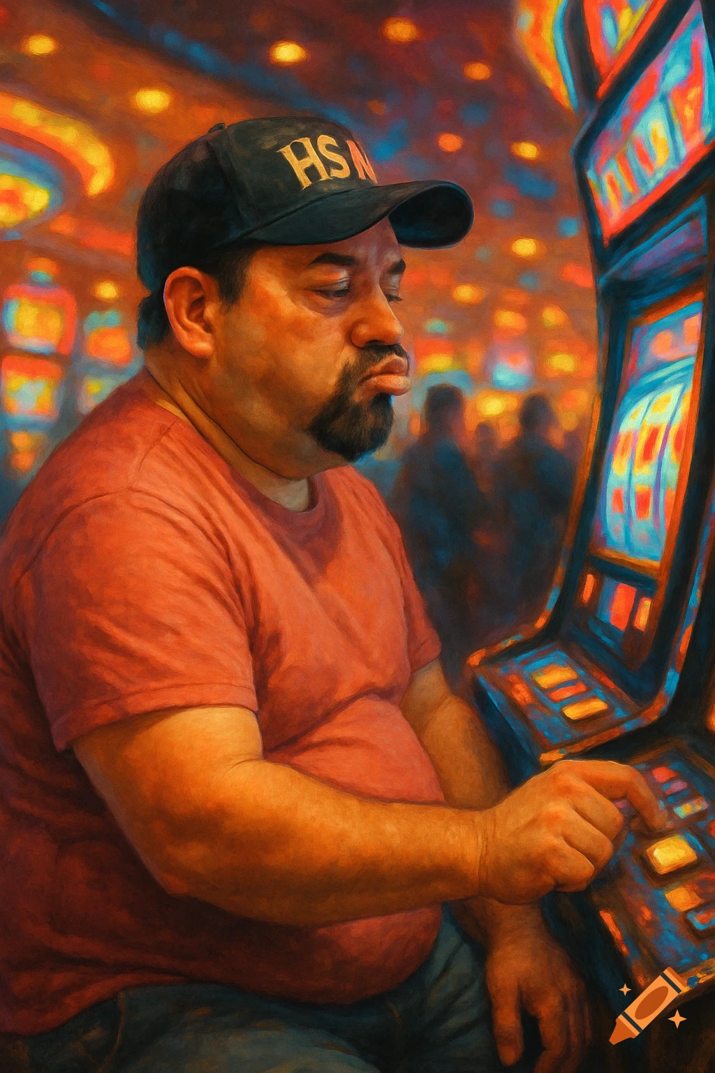 A man with a goatee and a black cap plays a slot machine in a casino, pouting, in a painterly style.