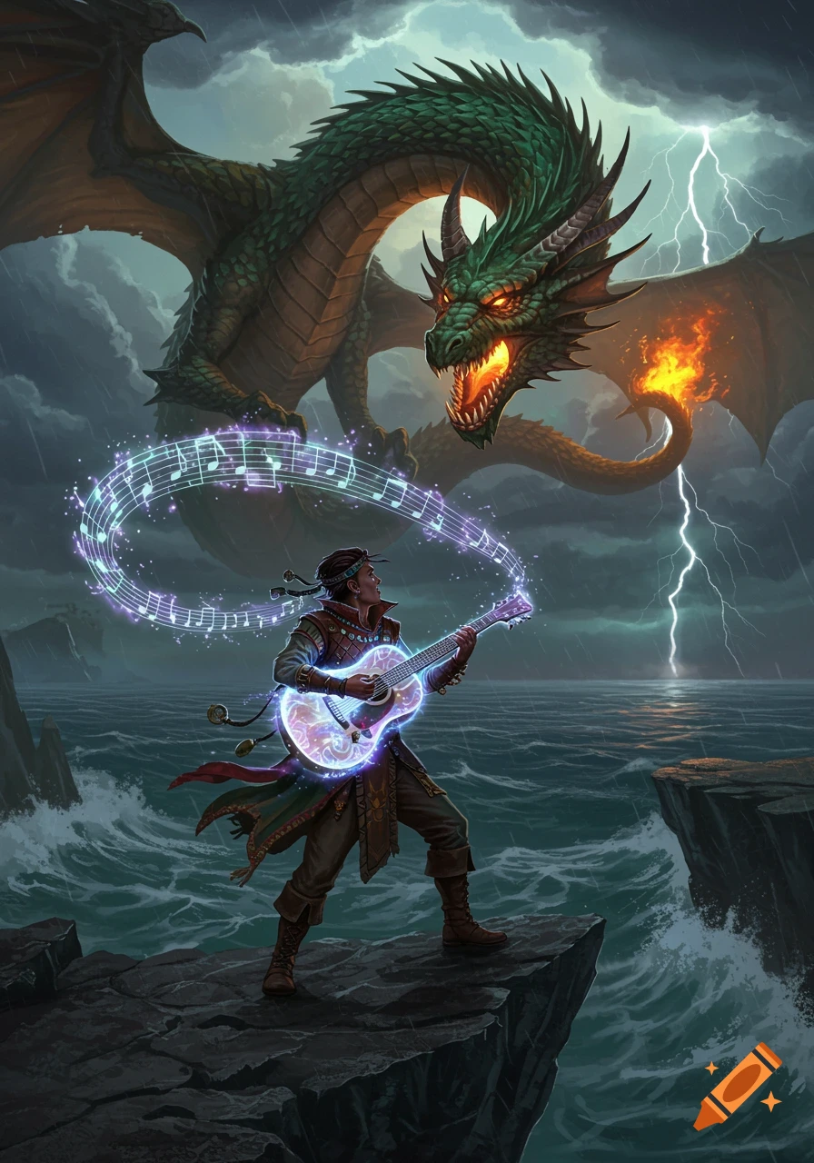 A bard plays a glowing guitar on a cliff, facing a green dragon during a storm with lightning. Digital art.