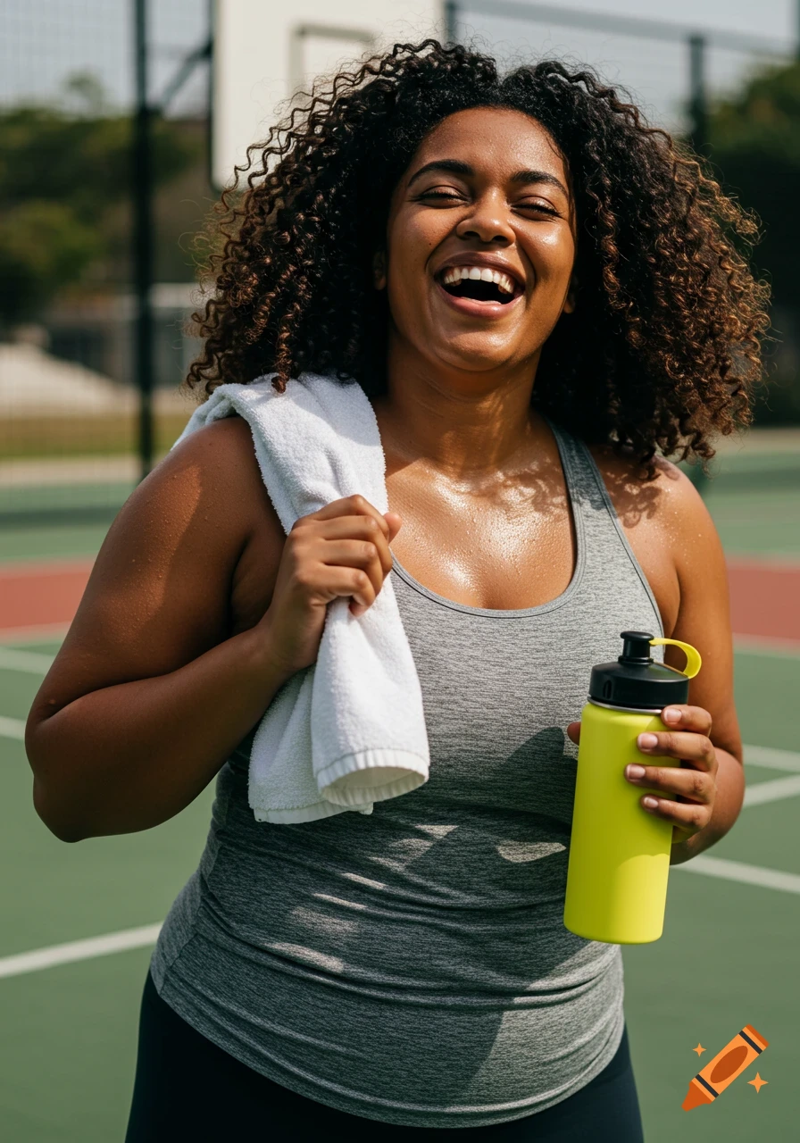 A joyful curvy woman with curly hair laughs on a sports court, holding a towel and a yellow water bottle.
