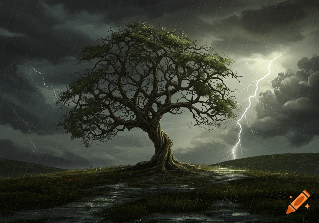 A gnarled, Celtic knot-like tree on a grassy hill during a thunderstorm with rain and lightning.
