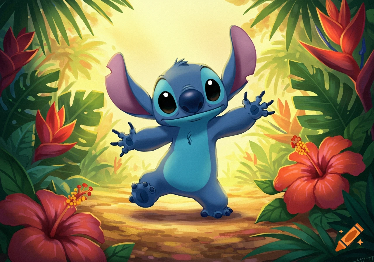 Cute cartoon Stitch posing in a vibrant tropical jungle with lush green leaves and red flowers.