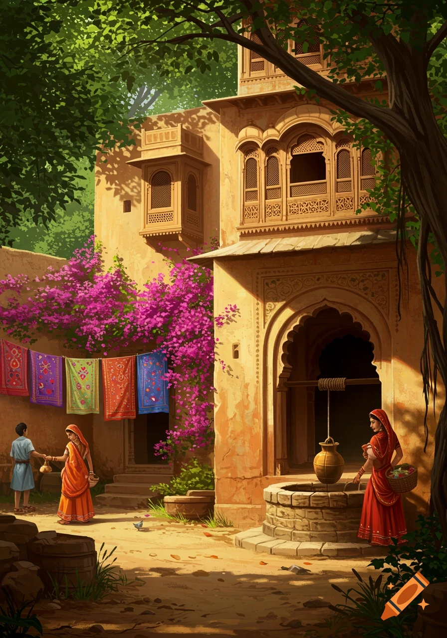 A vibrant illustration of a traditional Indian village scene with women and a man, an old house, a well, and clothes drying on a line.