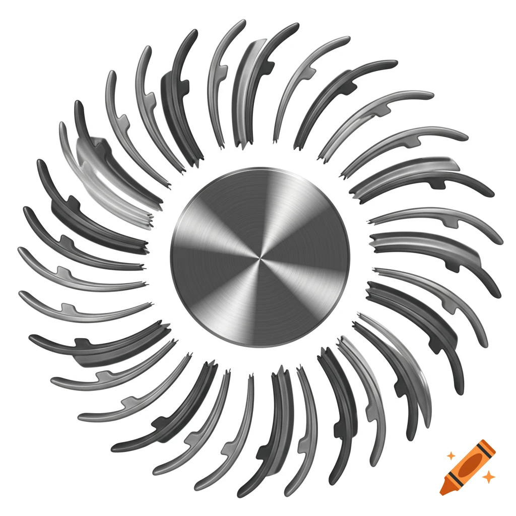Abstract illustration of a metallic disc with radial, curved blades, resembling industrial machinery.