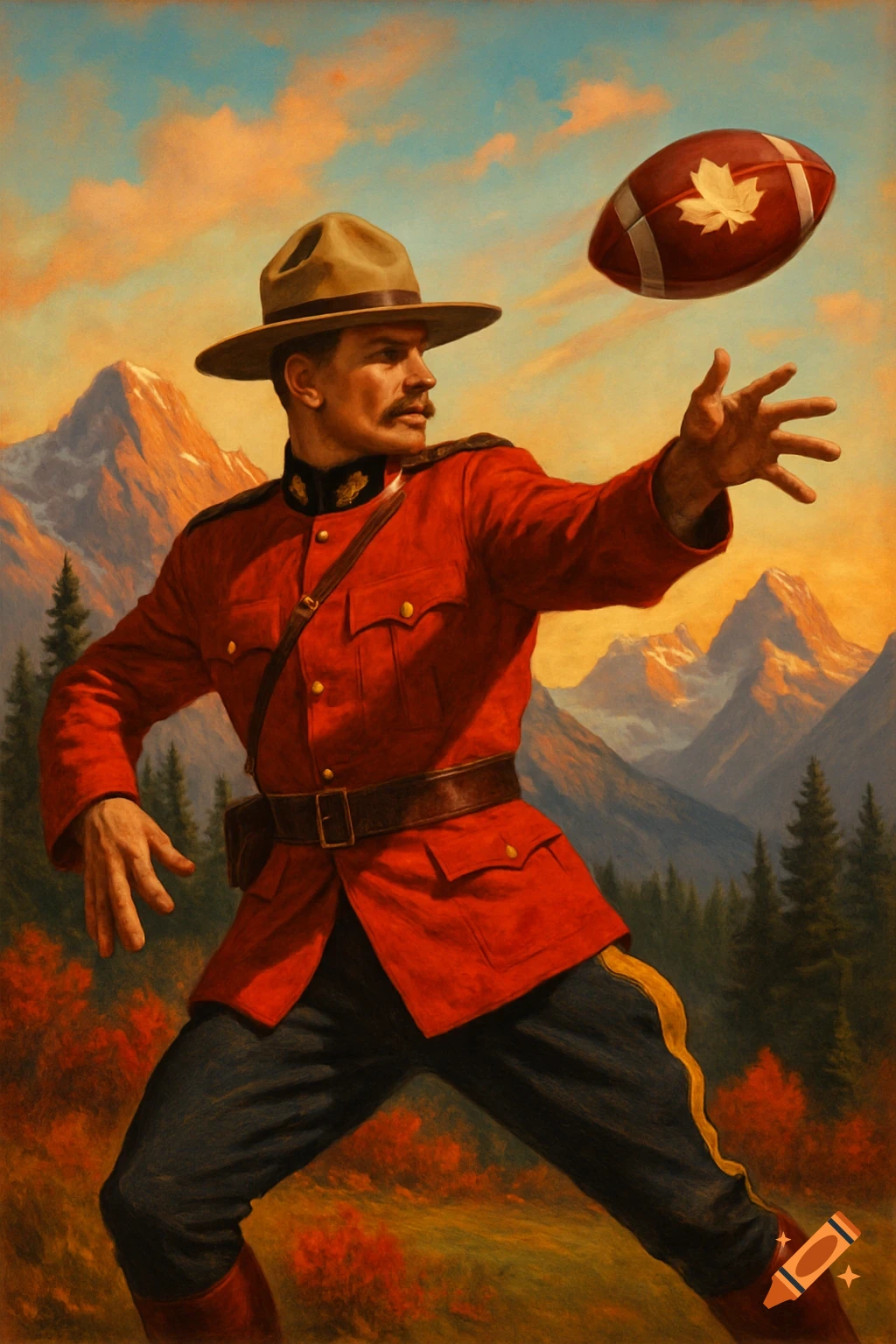 A Canadian mountie in uniform throws a football with a maple leaf, against a mountain and sunset backdrop in a digital painting style.