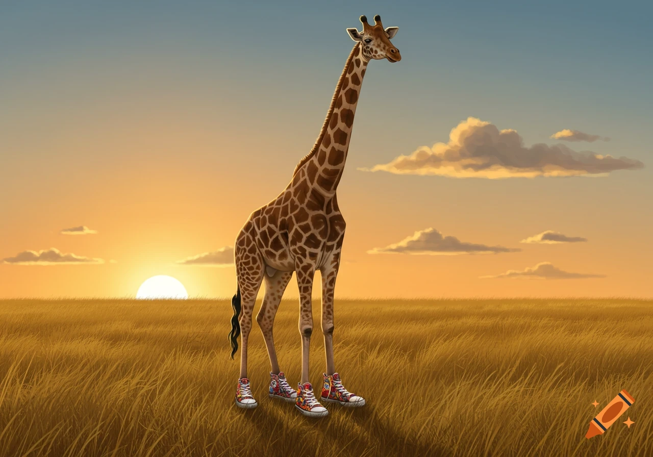 A giraffe wearing colorful high-top sneakers stands in a golden savanna field at sunset. Cartoonish style.