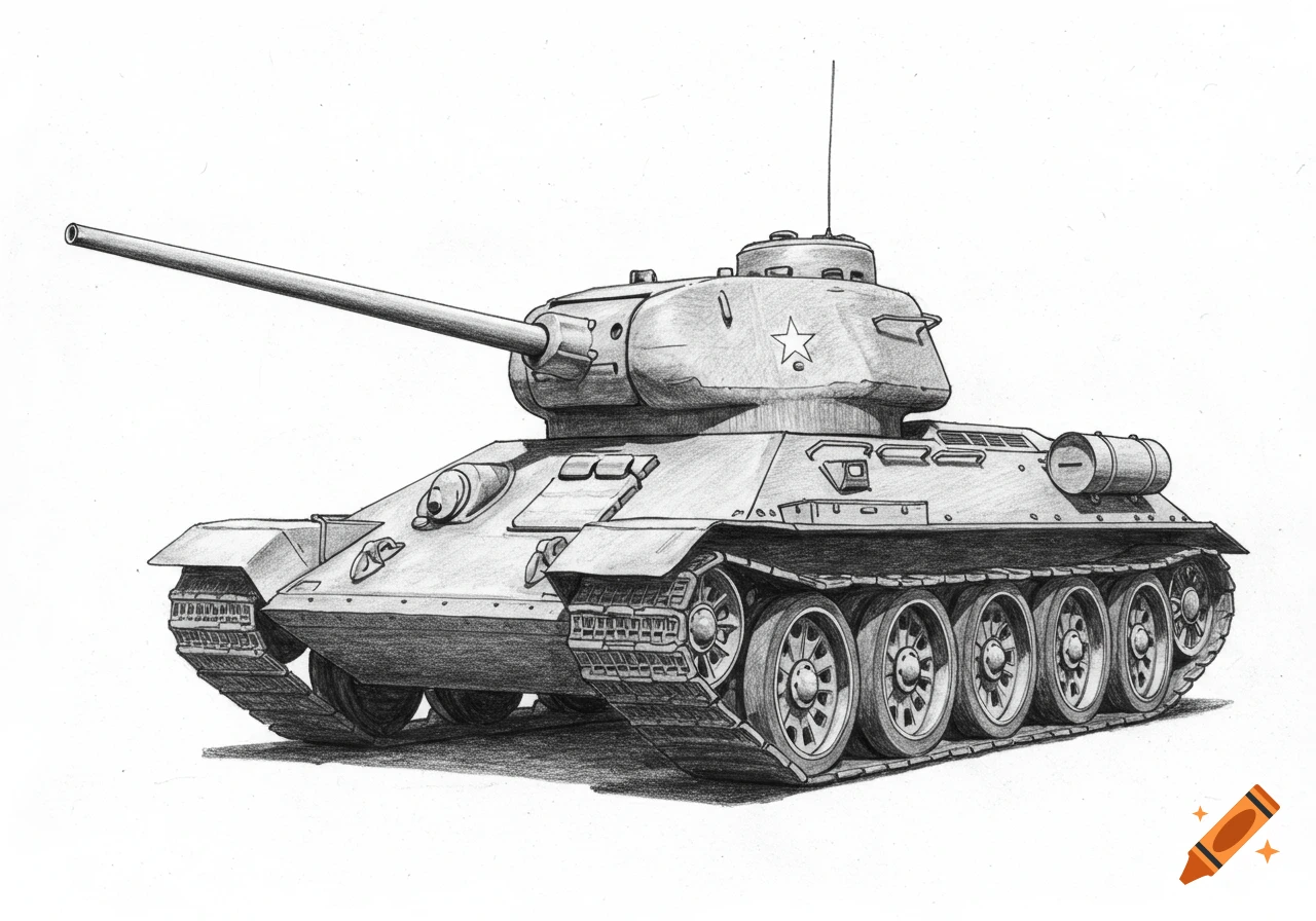 A detailed pencil drawing of a T-34 tank on a white background, viewed from a three-quarter angle.