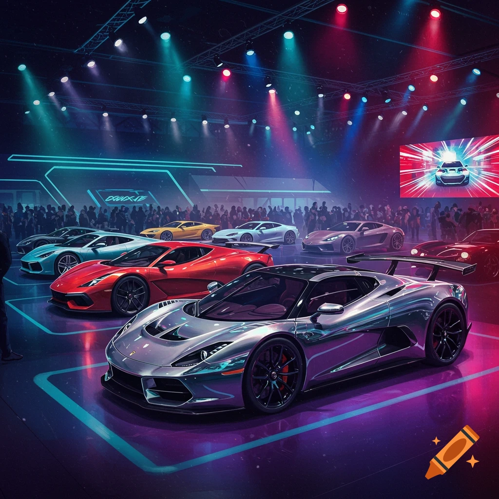 A lineup of vibrant sports cars, including silver, red, blue, and yellow models, under colorful stage lights at a modern car show.