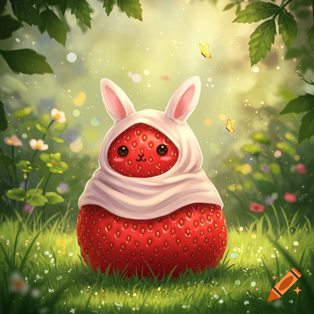 A cute, anthropomorphic strawberry wearing a white bunny hood sits in a lush, green, sunlit meadow with butterflies.