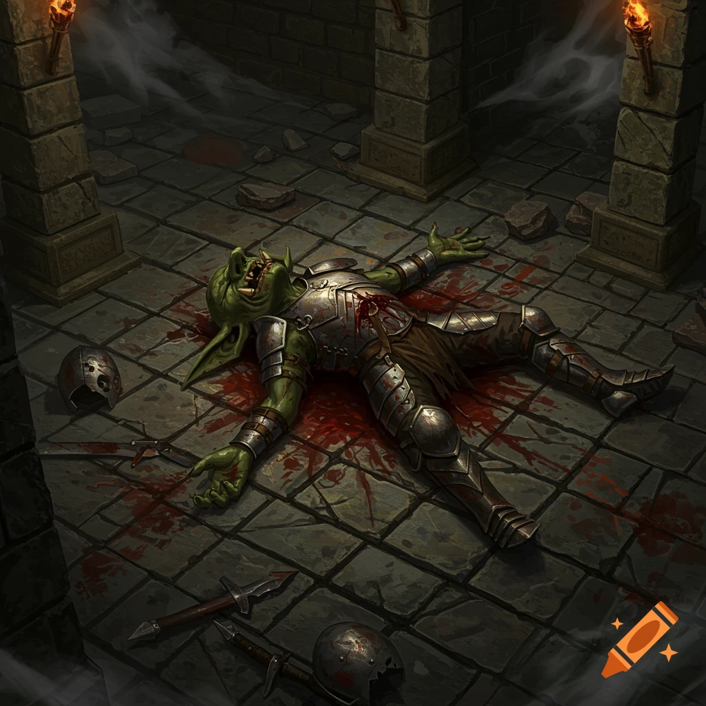 A dead green goblin in armor lies splayed in a pool of blood on a flagstone dungeon floor with torches on pillars.