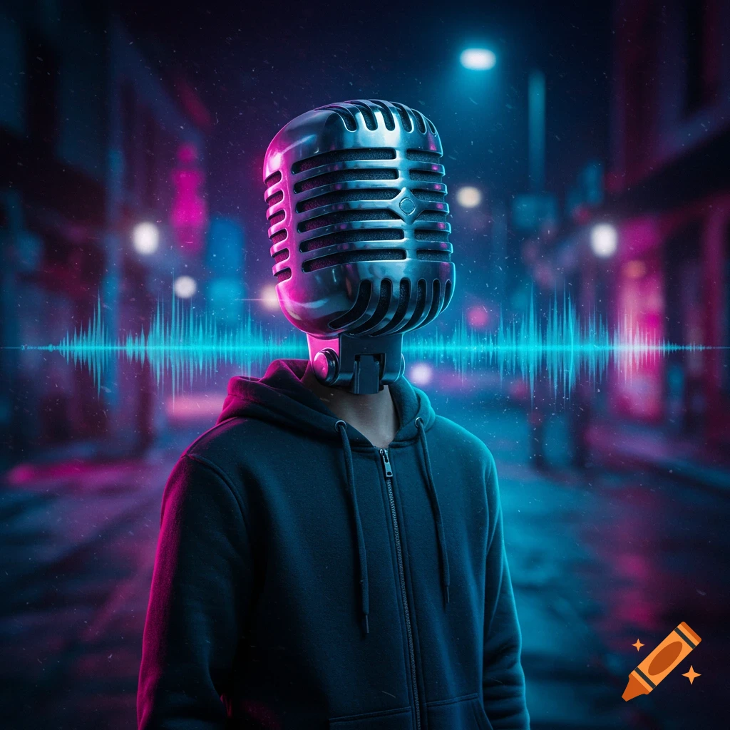 A person in a black hoodie with a vintage silver microphone for a head stands on a neon-lit street with glowing blue sound waves emanating from the microphone.