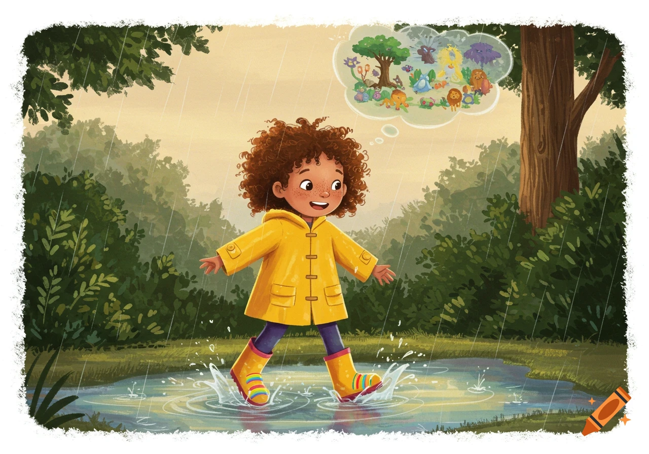 A joyful child in a yellow raincoat and colorful boots runs and splashes in rainy puddles, with a thought bubble of imaginary animals.