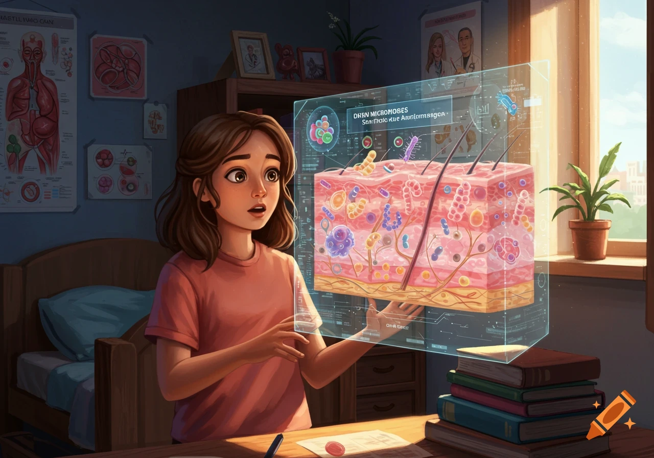 A cartoon girl with brown hair looks amazed at a glowing holographic projection of skin layers and microorganisms in her room, rendered in digital art.