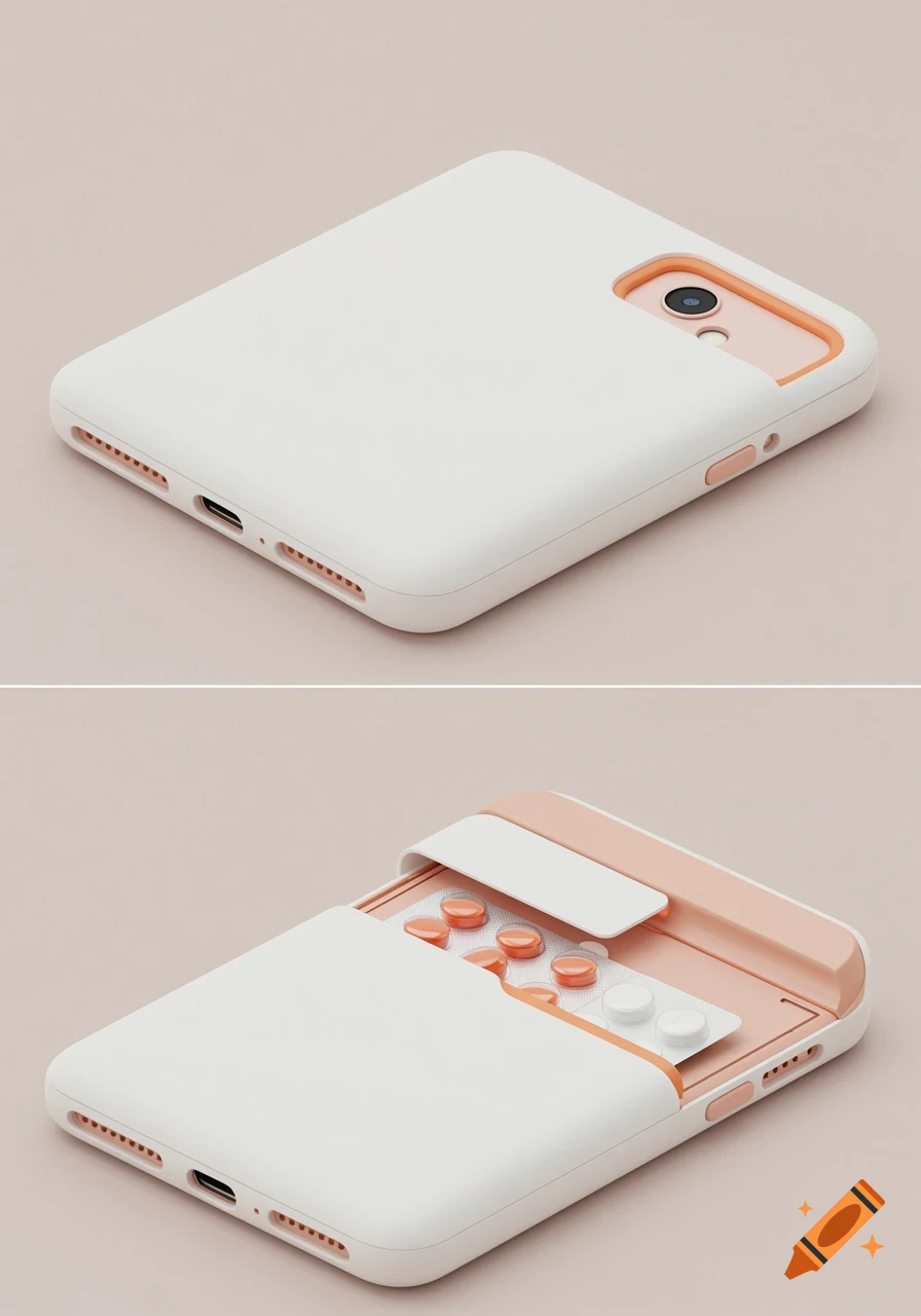 Photorealistic 3D render of a white and pink smartphone case with a hidden compartment, shown closed and open revealing a blister pack of pills.