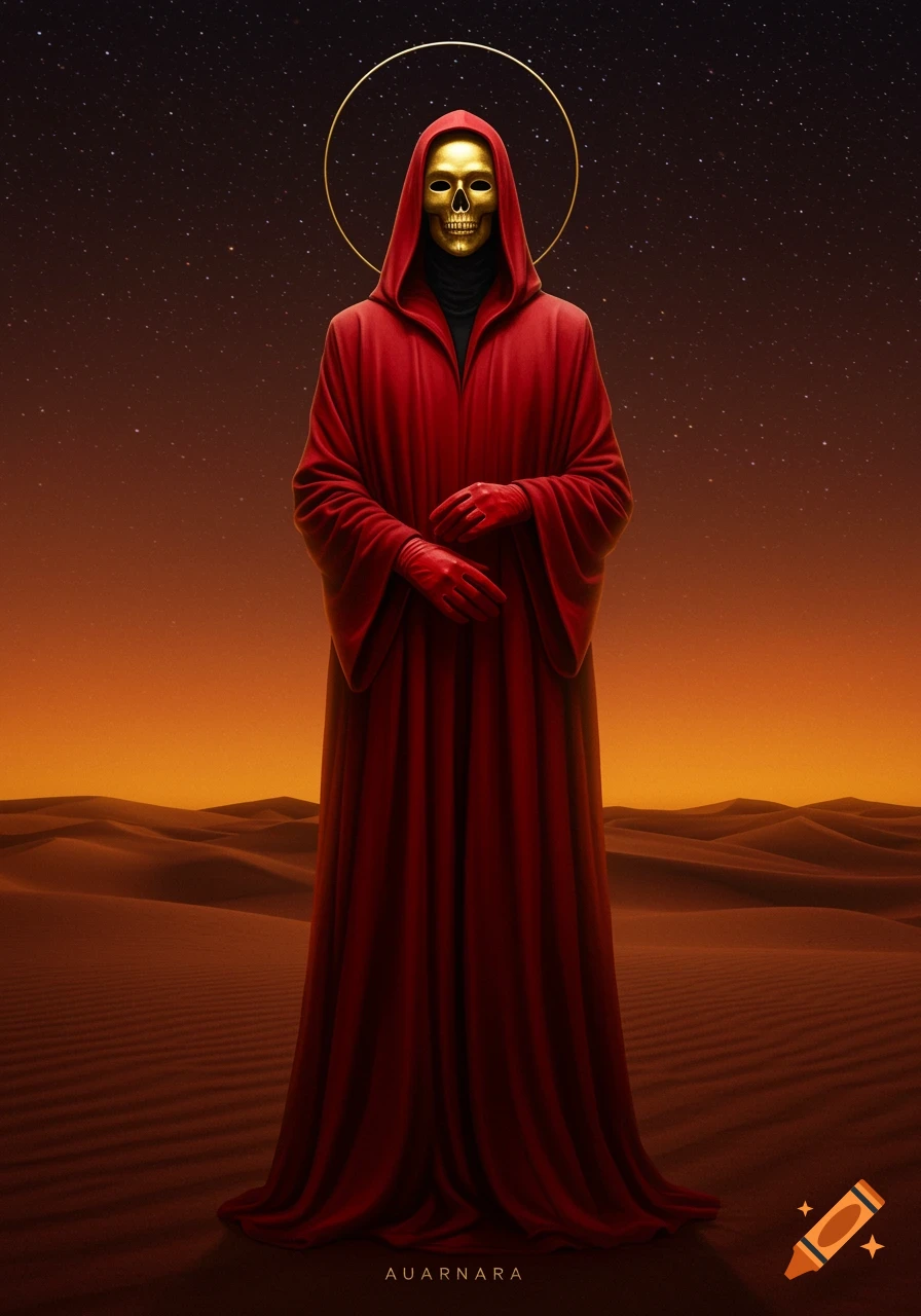 A robed figure with a gold skull mask stands in a desert under a starry, orange sky.