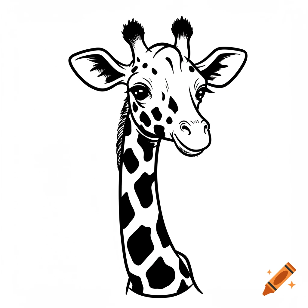 A black and white comic book style illustration of a smiling giraffe head and neck on a plain background.