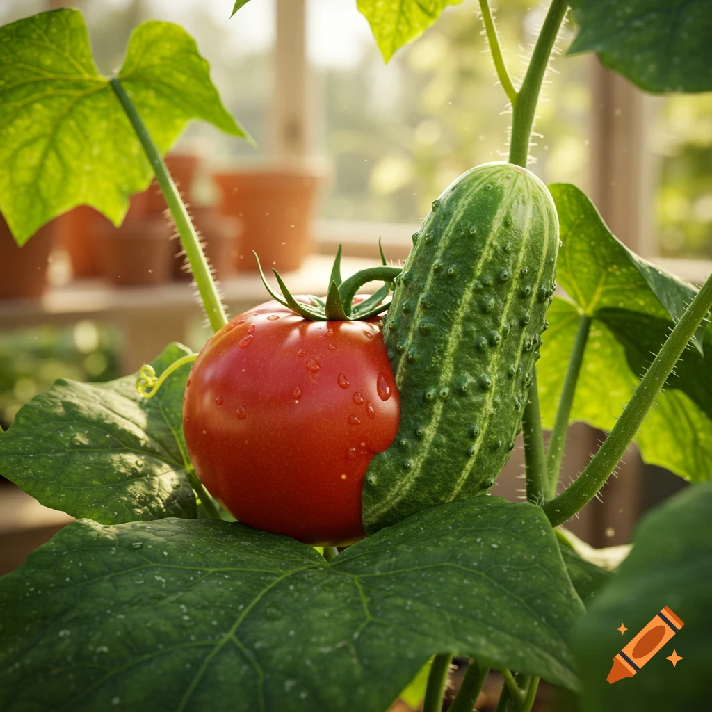 A photorealistic close-up of a red tomato and green cucumber with water droplets, growing together on a plant in a sunny greenhouse.