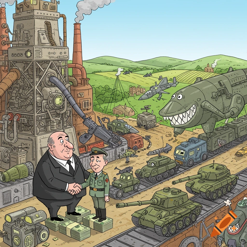 Cartoon of a factory producing tanks, planes, and weapons, overseen by a man in a suit and a military officer shaking hands over money.