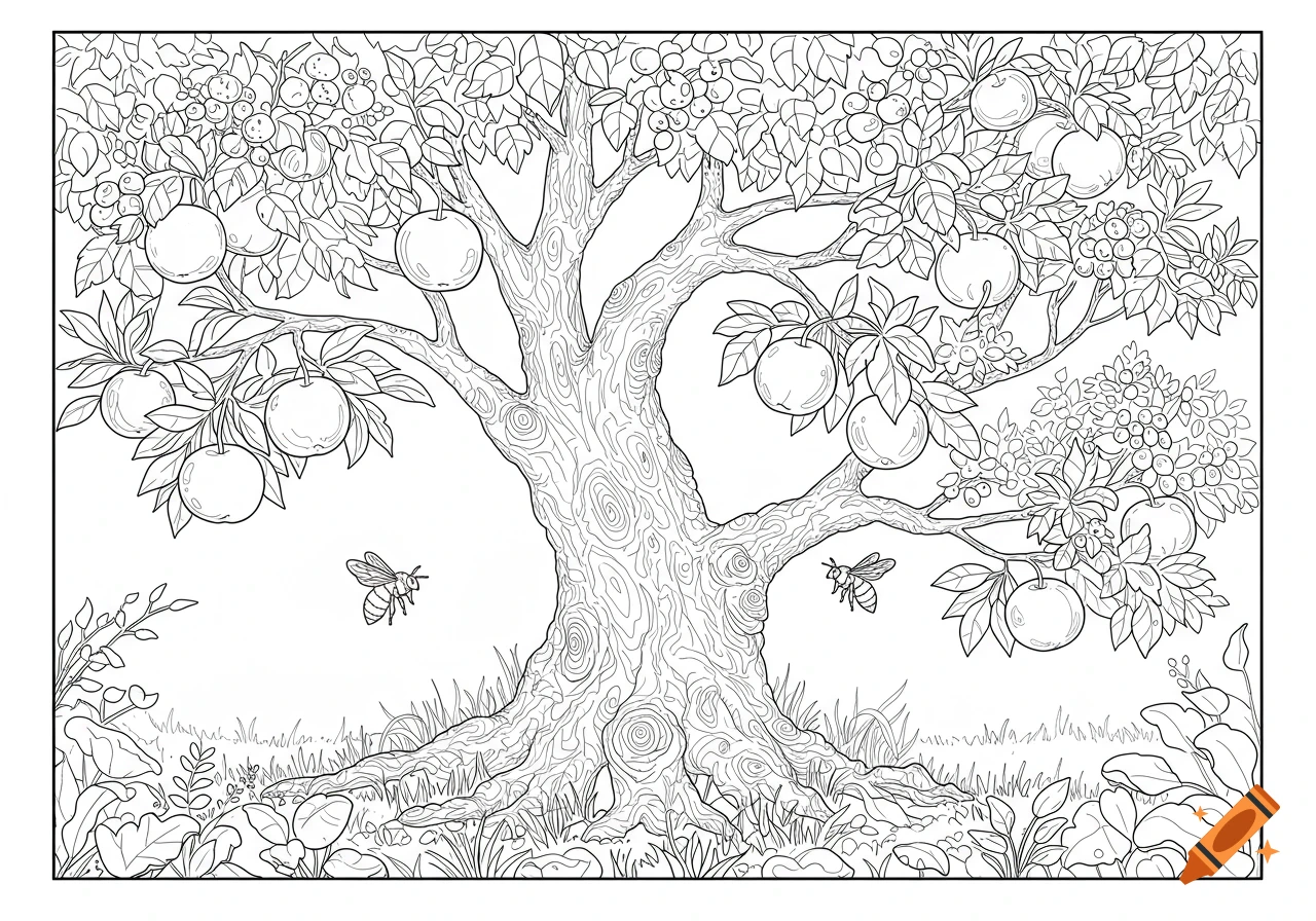 A black and white coloring page of a large fruit tree with two bees flying nearby, surrounded by plants and roots.