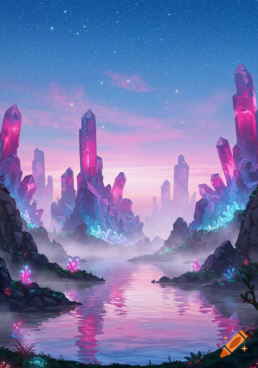 A vibrant fantasy landscape with glowing pink and blue crystal formations along a calm river under a starry, pink and blue sky.