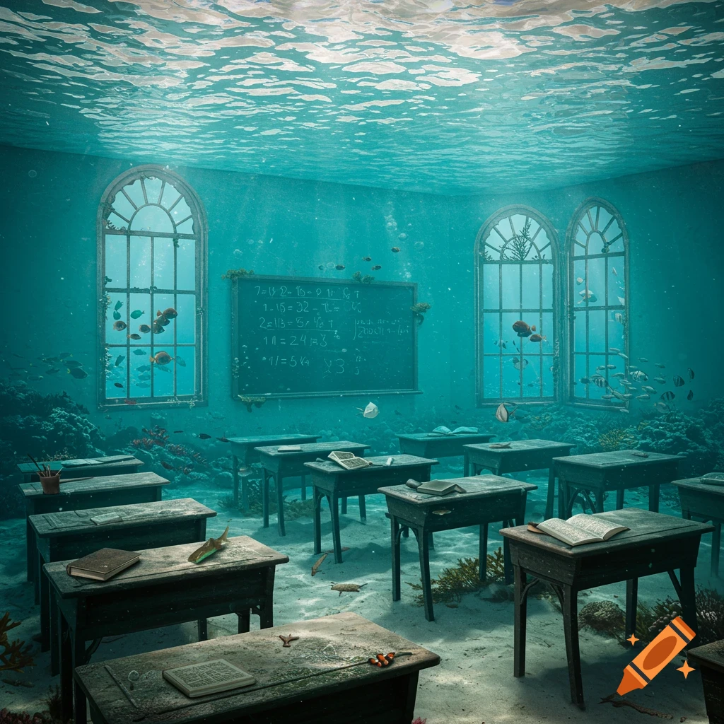 A Victorian-era classroom submerged underwater, with sunlight filtering through the rippling surface. Fish swim among desks and coral formations on the sandy floor.