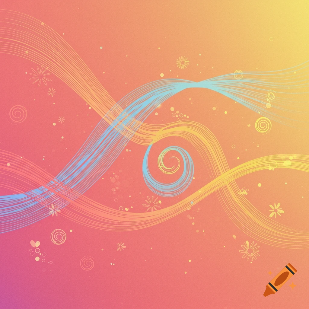 Abstract background with flowing blue, yellow, and orange lines, swirls, and small decorative elements on a pink to yellow gradient.