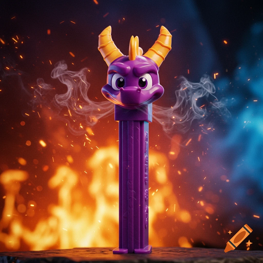 A purple Spyro the Dragon PEZ dispenser stands against a fiery background with sparks and smoke.