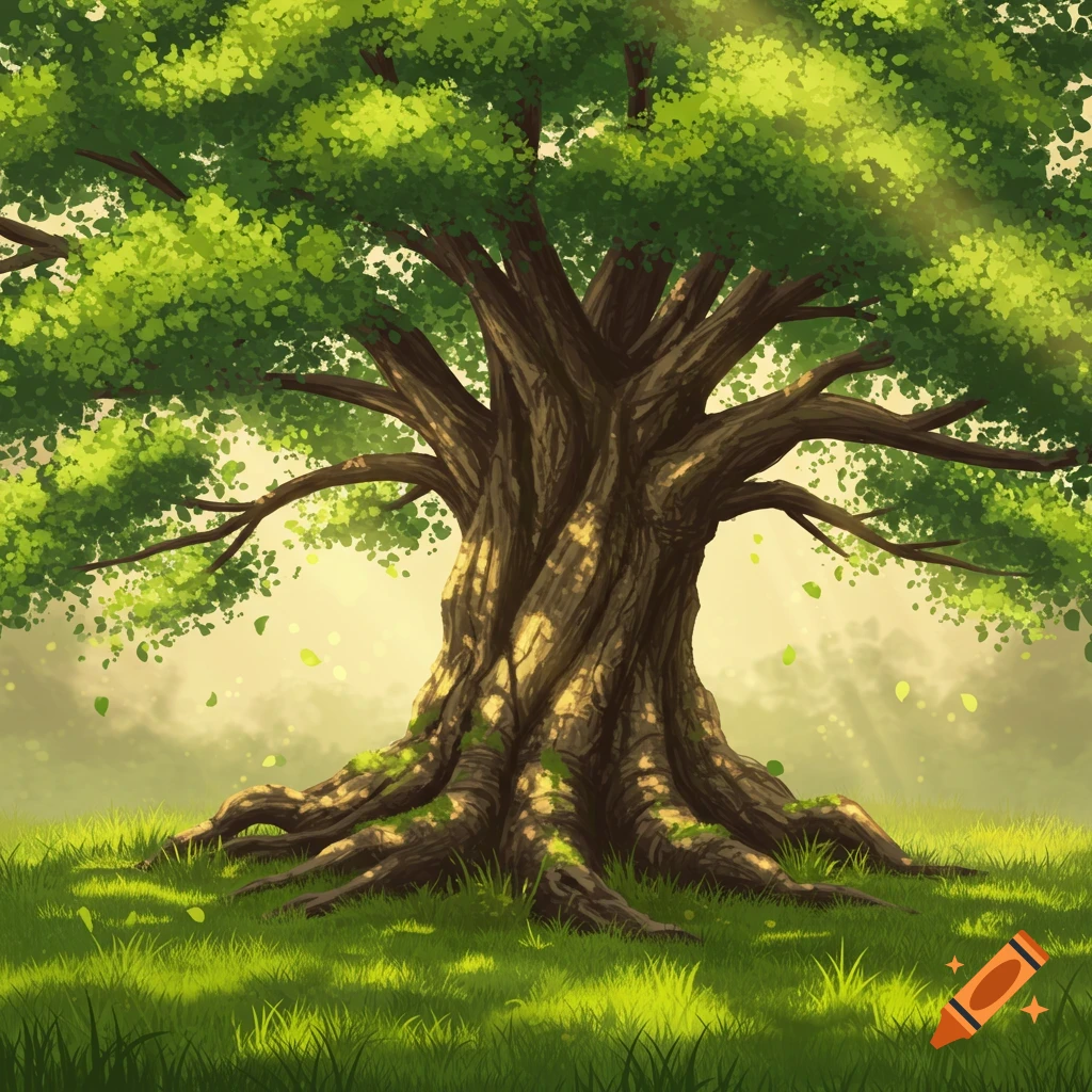 A stylized illustration of a large tree with green leaves and prominent roots in a sunlit, grassy field.