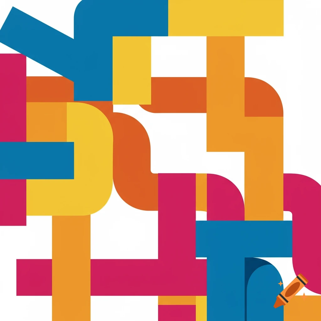 An abstract composition of interlocking colorful geometric shapes in blue, yellow, orange, and magenta against a white background.
