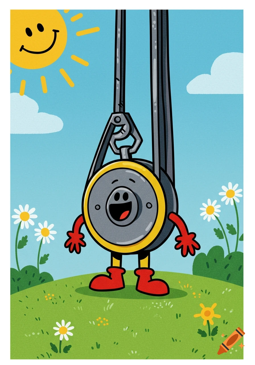 A happy, cartoon pulley character with red arms and boots stands in a sunny, grassy field with daisies, in the style of Mr. Men.