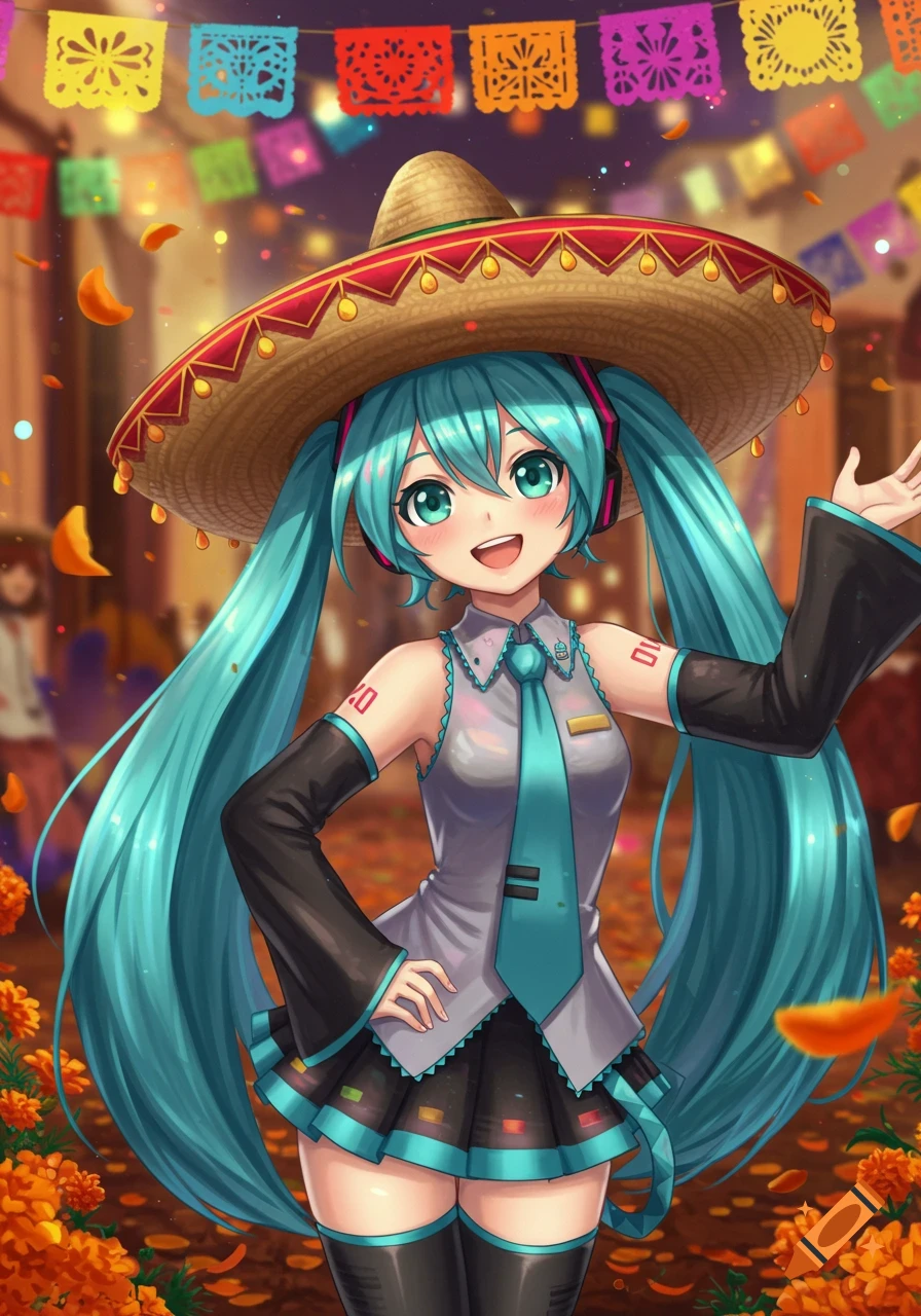 Hatsune Miku in a traditional Mexican sombrero and festive outfit, smiling cheerfully amidst papel picado banners and marigolds.