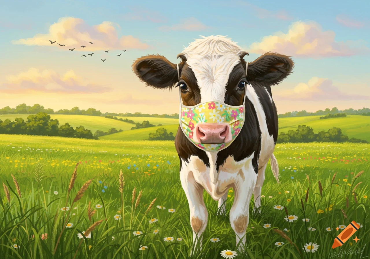 An illustrated black and white cow wearing a yellow floral mask stands in a green field with wildflowers under a blue sky.
