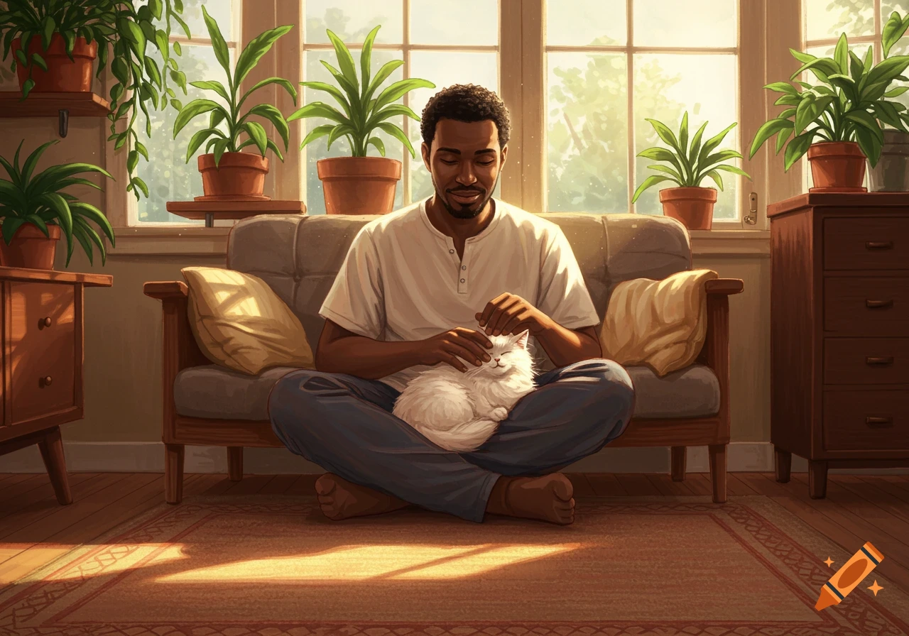 A Black man sits cross-legged on a rug, petting a white cat on his lap in a sunlit room with many plants.