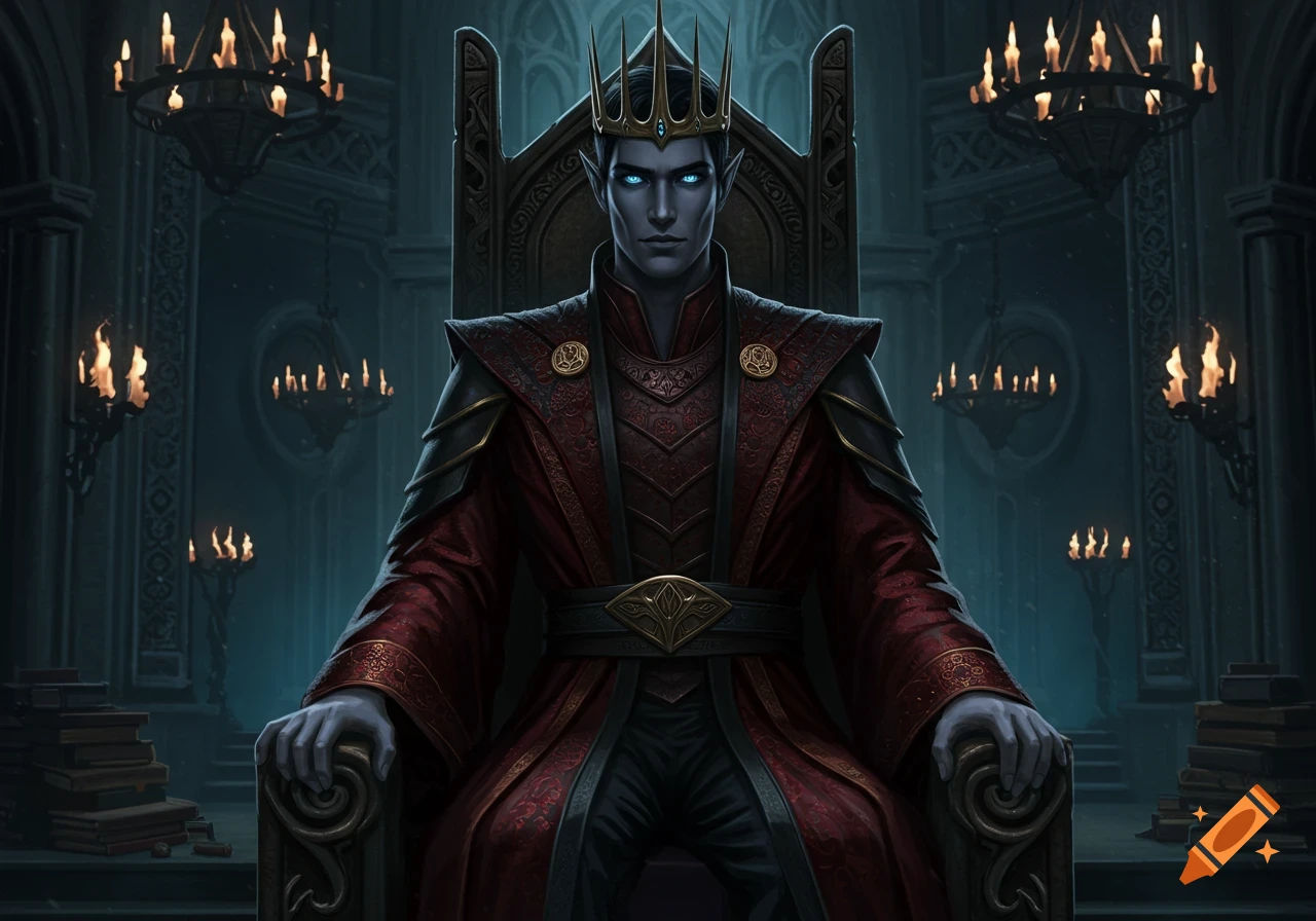 A powerful fae king with glowing blue eyes and a crown sits on a throne in a dimly lit, grand hall.