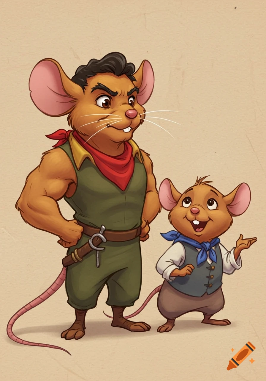 A muscular, proud mouse with a red bandana and a smaller, plumper mouse in a vest, in Disney animation style.