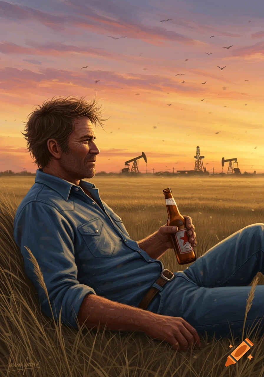 Man sitting in a field at sunset, holding a beer bottle, with oil rigs in the distance.