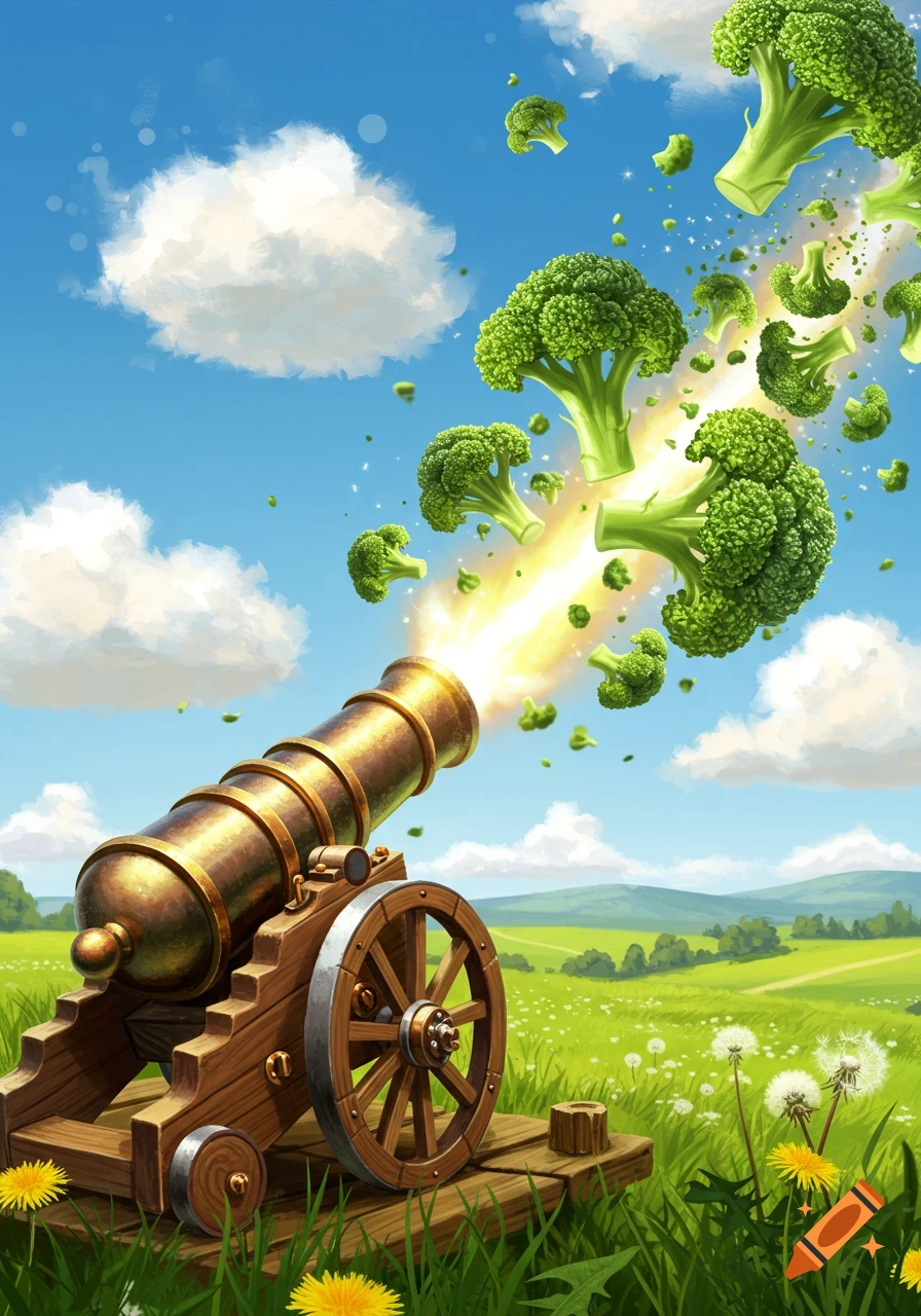 A brass cannon fires broccoli florets into a bright blue sky over a green field with dandelions.