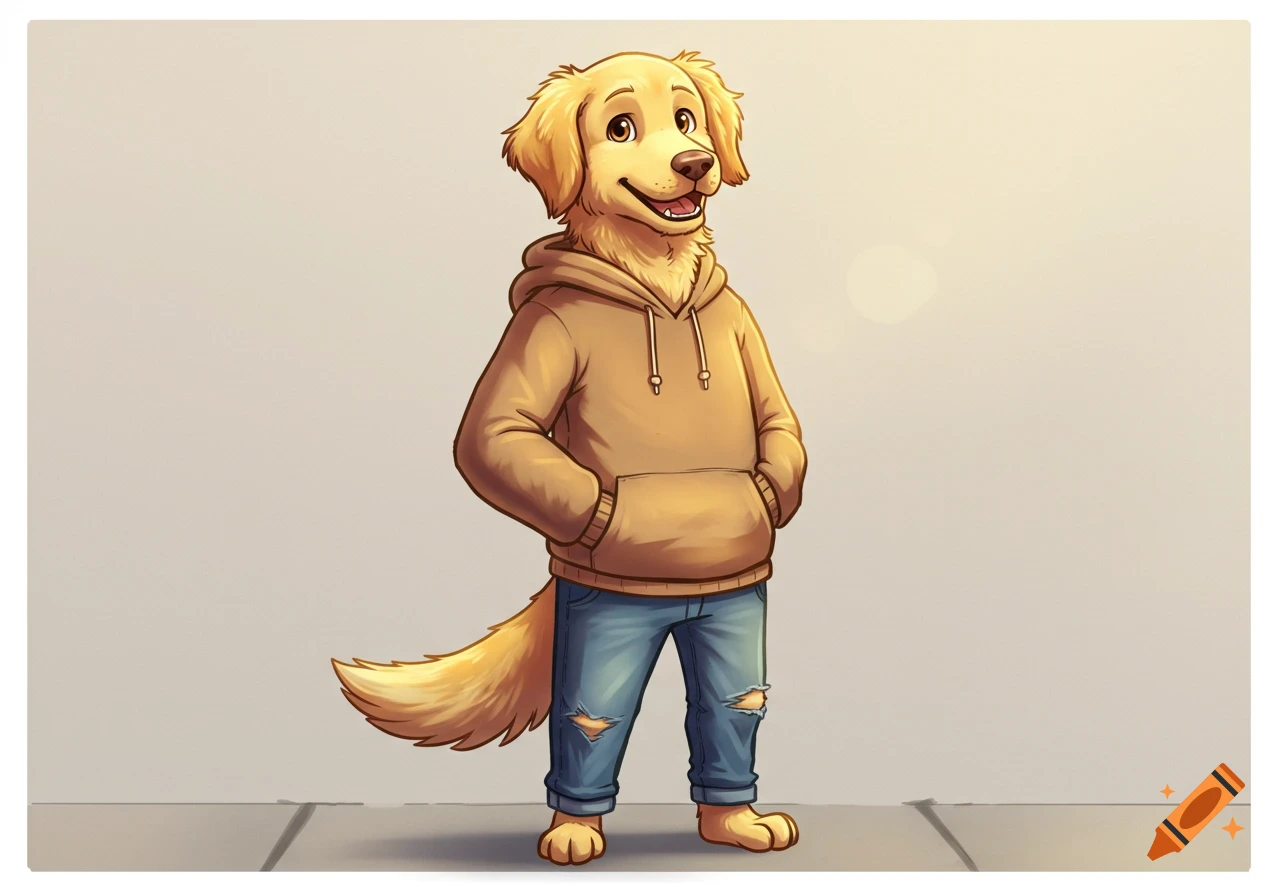 An anthropomorphic golden retriever in a brown hoodie and ripped jeans stands smiling.