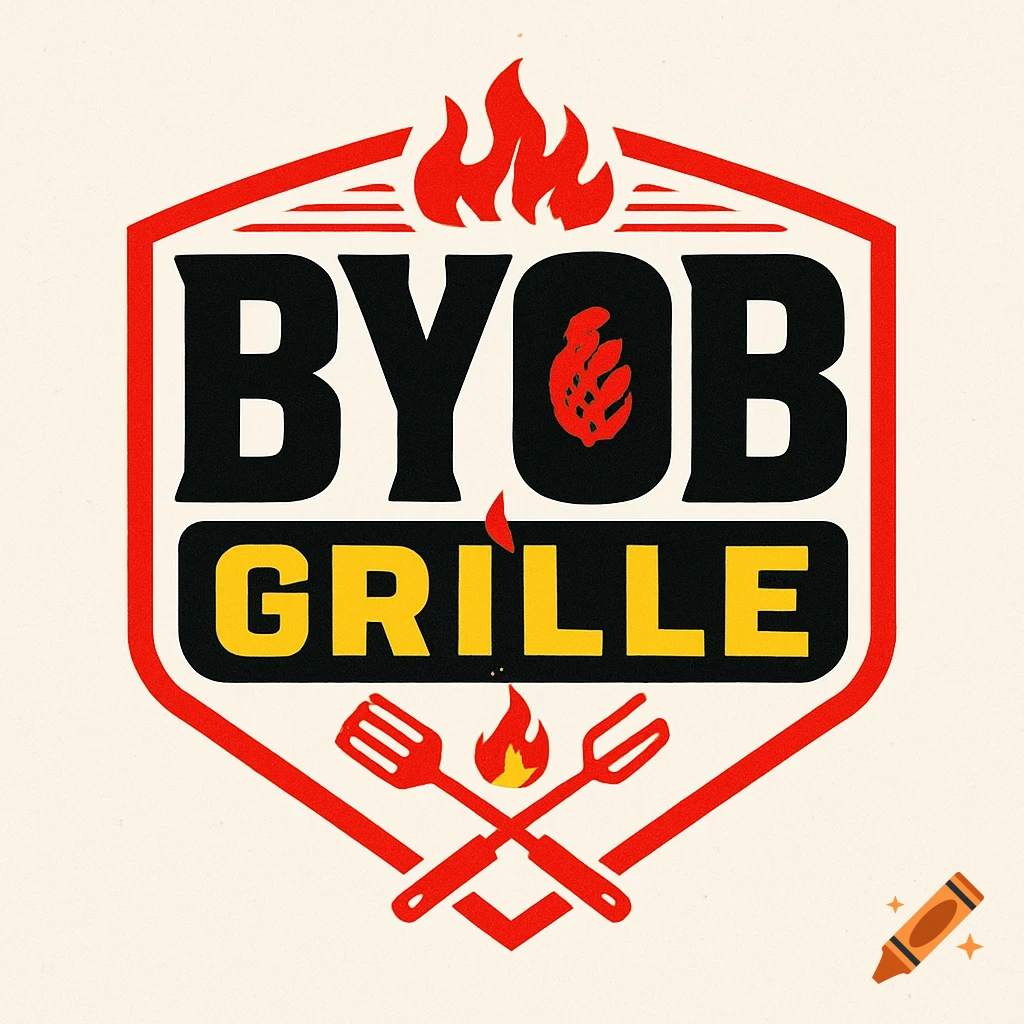 Logo for BYOB GRILLE with red flames, black and yellow text, and crossed grill utensils in a red hexagon.