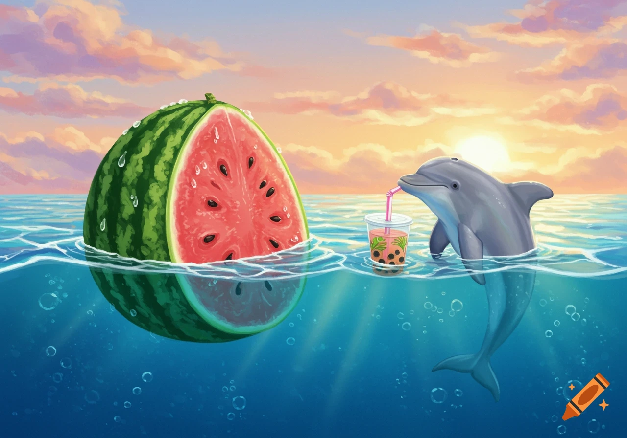 A large, half-cut watermelon floats in the ocean next to a dolphin drinking bubble tea through a straw at sunset, illustrated.