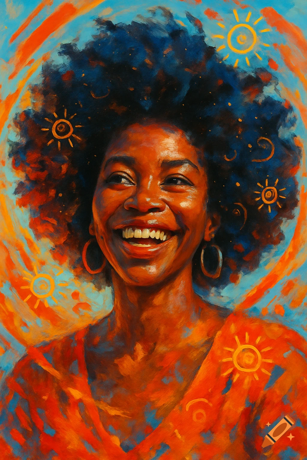 Oil painting of a smiling Black woman with large, dark, curly hair adorned with sun symbols, against a vibrant orange and blue abstract background.