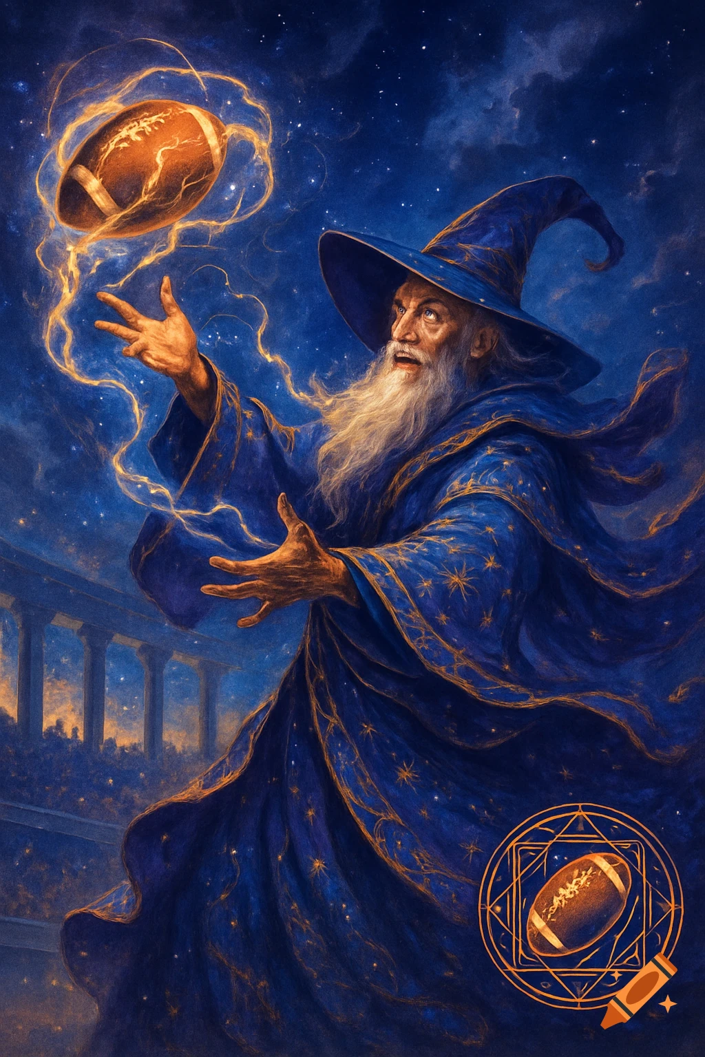 A wizard in a blue robe levitates a glowing football with magic against a starry night sky above a stadium, digital art.