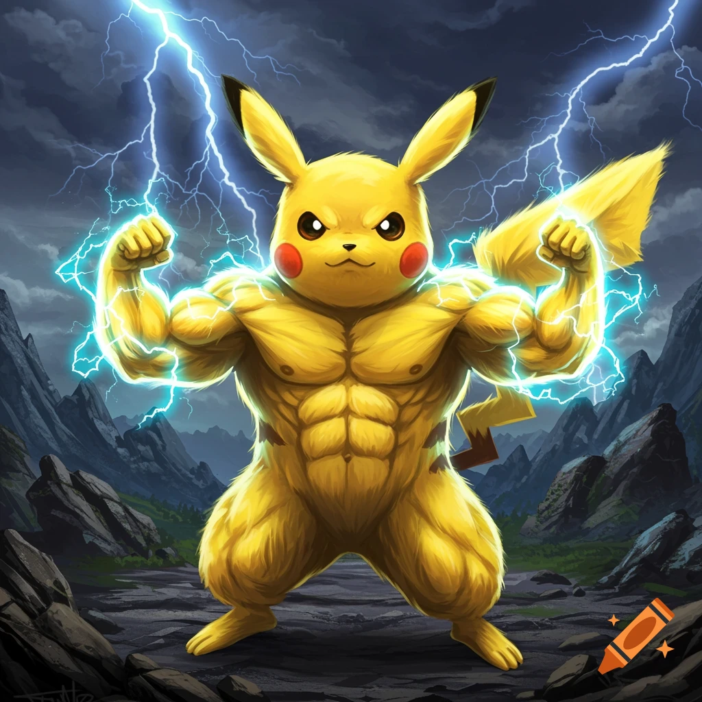 A very muscular Pikachu flexes its biceps with lightning bolts emanating from its arms, standing in a rocky, mountainous landscape.
