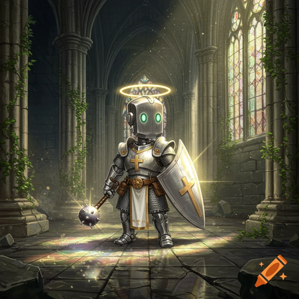 A small robot knight in chainmail armor, holding a mace and shield with a cross, stands in a sunlit gothic church with stained glass windows.