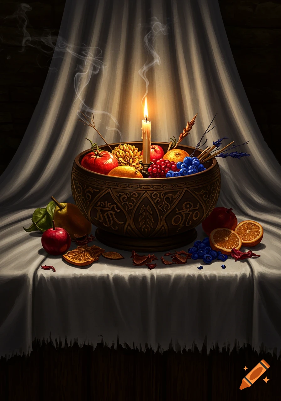 A mystical still life with a lit candle, colorful fruits, and dried flowers in an ornate bowl on a white cloth.