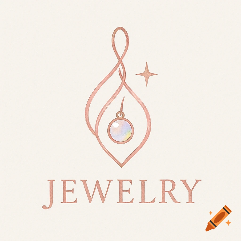 Pastel pink jewelry logo with an abstract design featuring a pearl pendant and the word 'JEWELRY'.