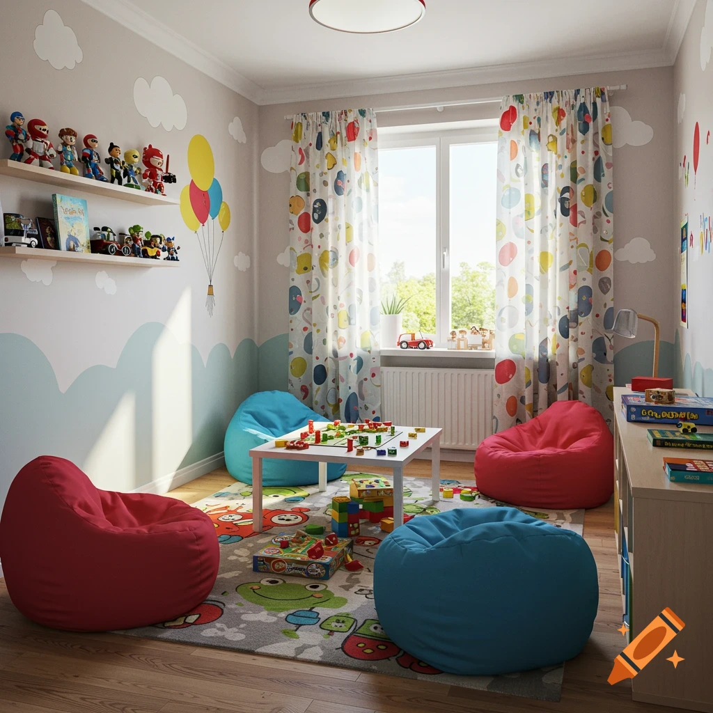A colorful, photorealistic children's playroom with red and blue bean bag chairs, a white play table with a board game, shelves with toys, and a patterned rug.