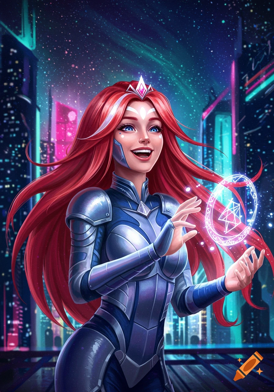 A joyous red-haired alien princess psychic in blue and silver armor, with hands glowing with a spell, against a futuristic city night sky.