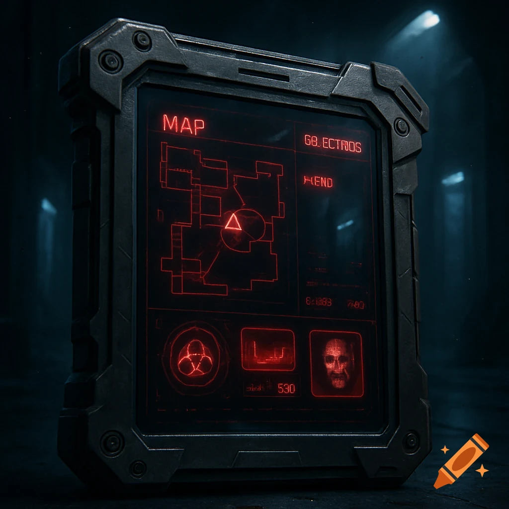 A rugged, futuristic tablet device displaying a red holographic map, objectives, and other data in a dark, sci-fi setting.