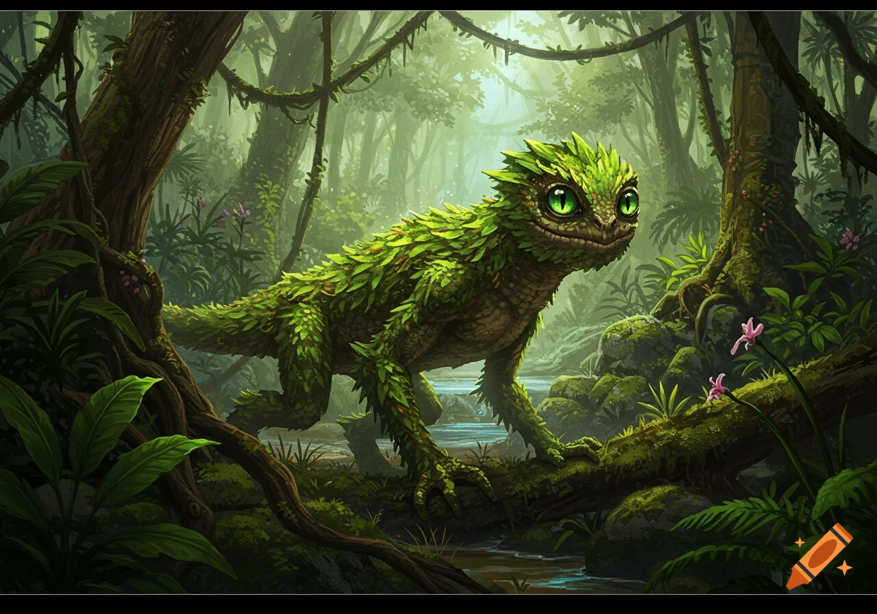 A cute, green, leaf-covered creature with large eyes stands on a mossy log in a lush, detailed rainforest.